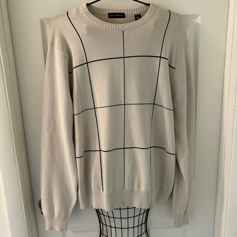 John Ashford Men's XL 100% Cotton Windowpane Crewneck Sweater Cream Blue